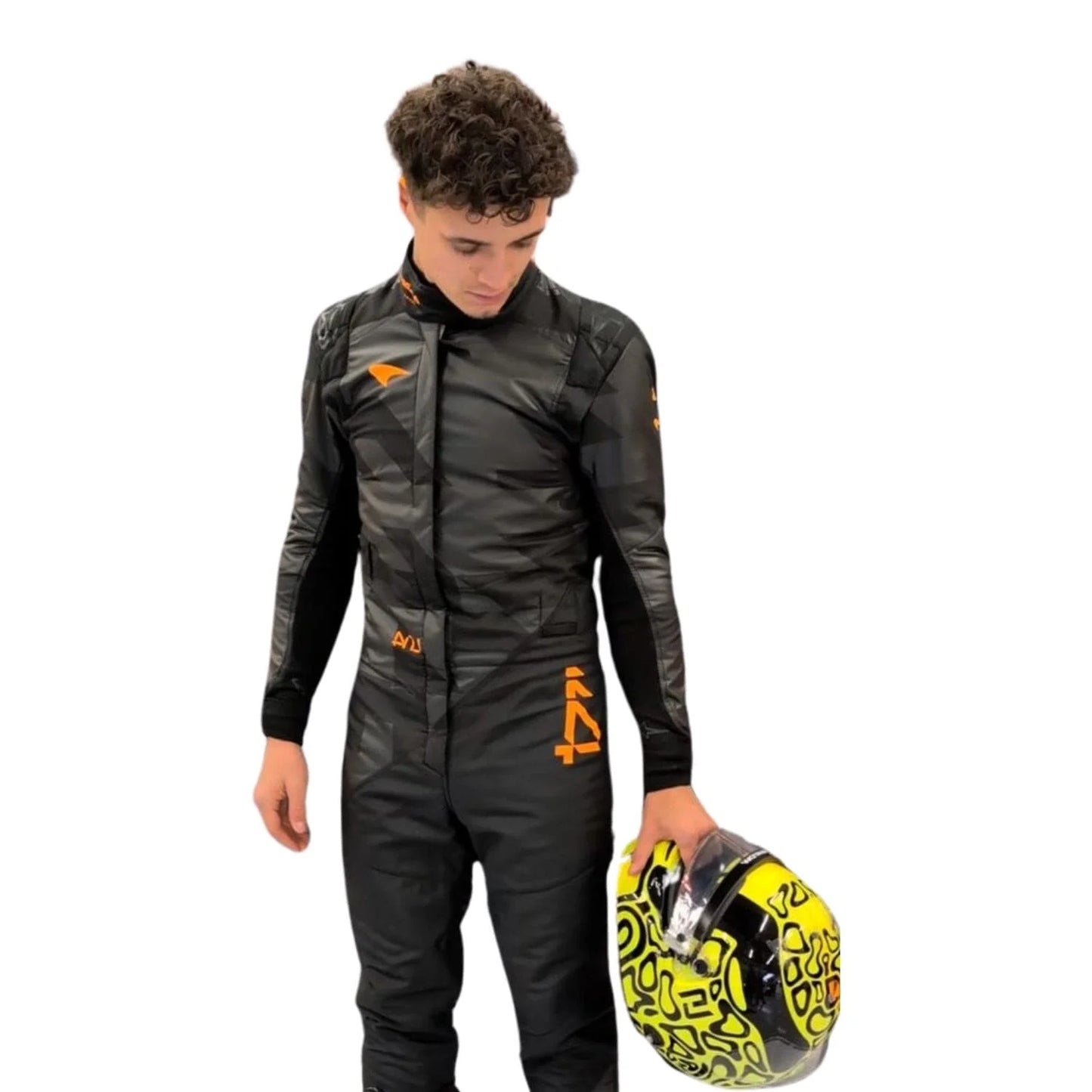 Front view of the 2025 McLaren F1 livery reveal racing costume worn by Lando Norris featuring a sleek matte black base with bold orange logos and driver initials (LN4) in neon orange.