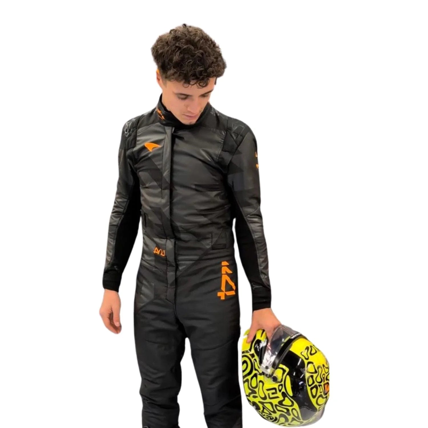 Front view of the 2025 McLaren F1 livery reveal racing costume worn by Lando Norris featuring a sleek matte black base with bold orange logos and driver initials (LN4) in neon orange.