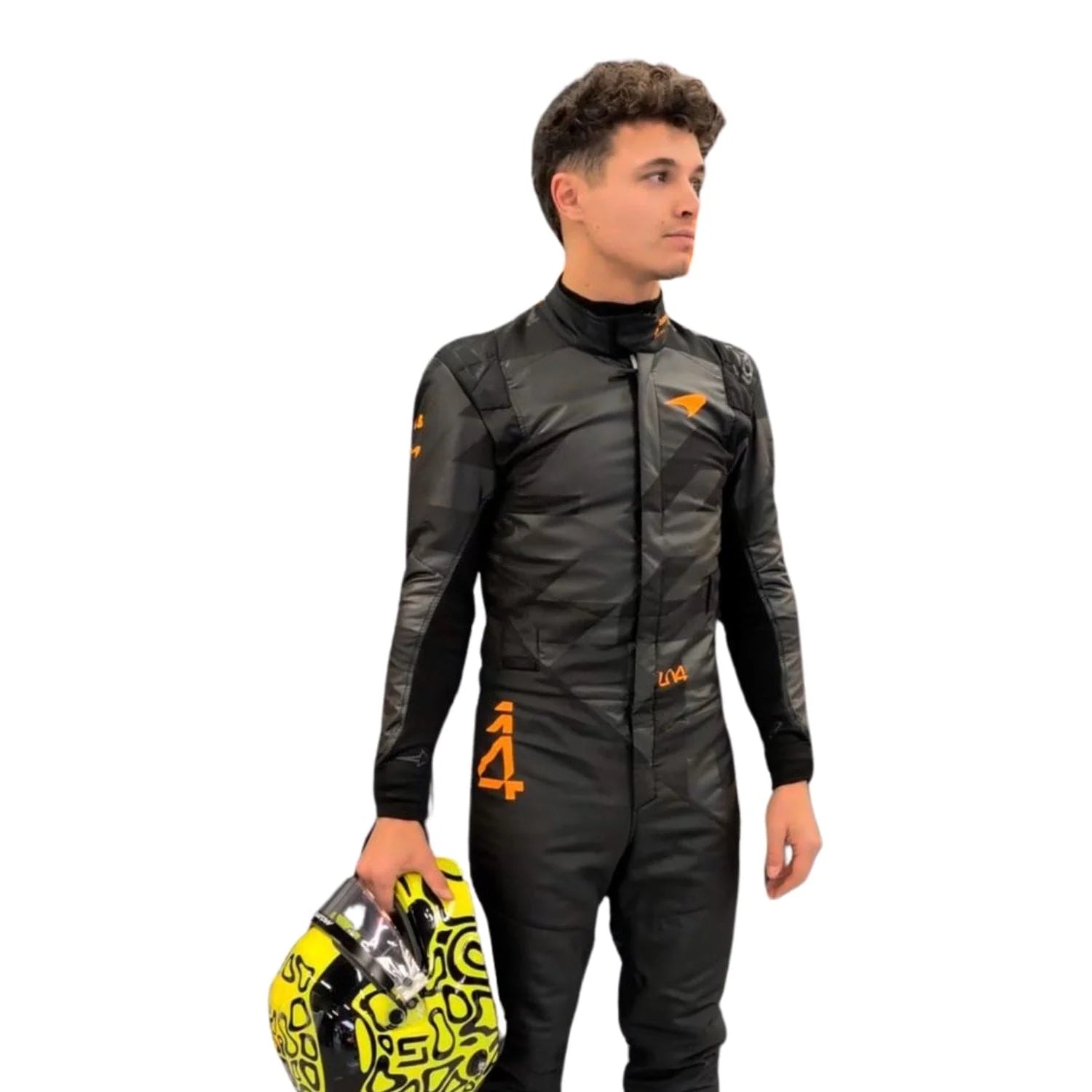 Front view of the 2025 McLaren F1 livery reveal racing costume worn by Lando Norris featuring a sleek matte black base with bold orange logos and driver initials (LN4) in neon orange.