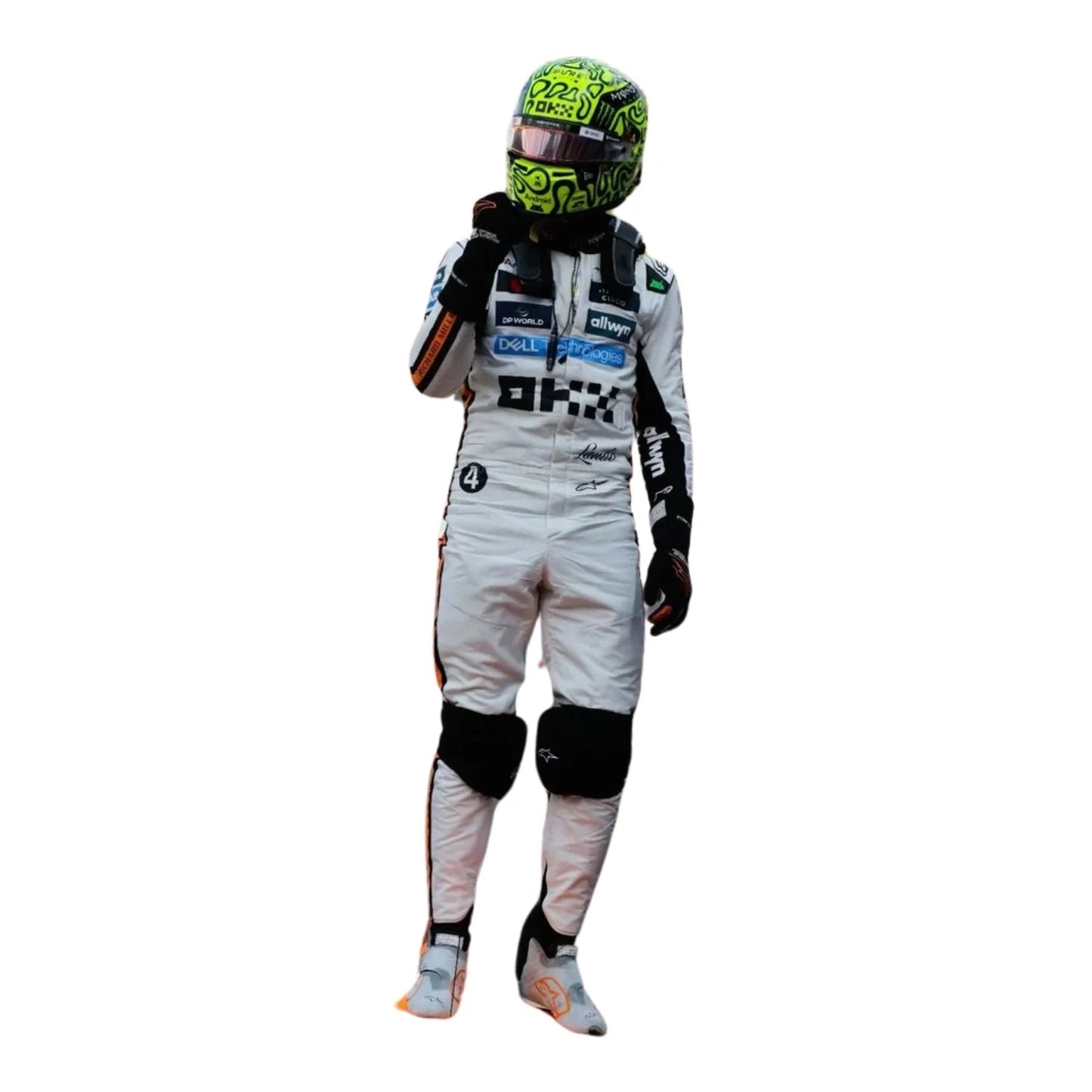 Front view of the 2025 Monaco GP white race suit worn by Lando Norris featuring classic black number in circle on a retro-inspired all-white
