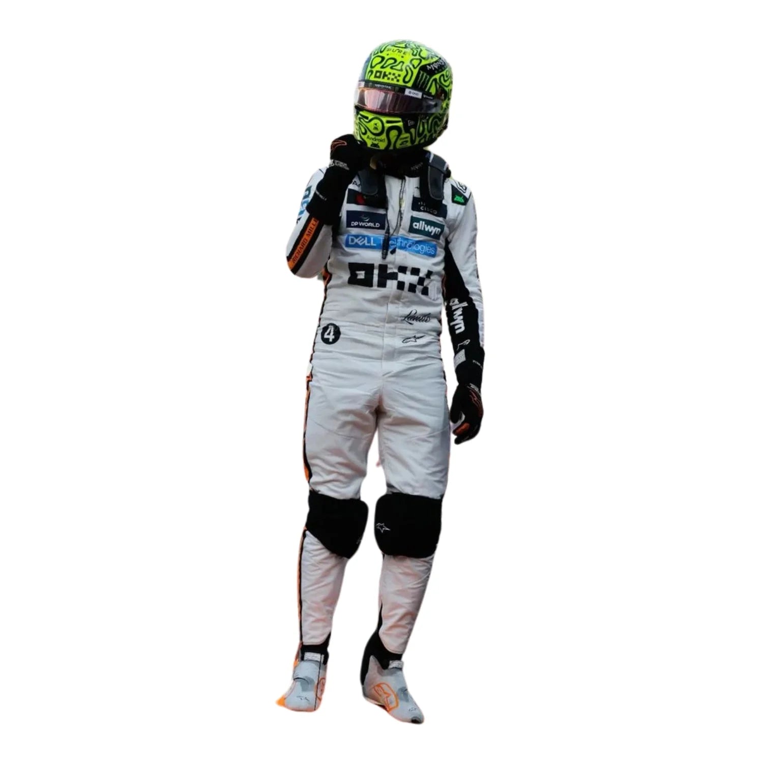 Front view of the 2025 Monaco GP white race suit worn by Lando Norris featuring classic black number in circle on a retro-inspired all-white