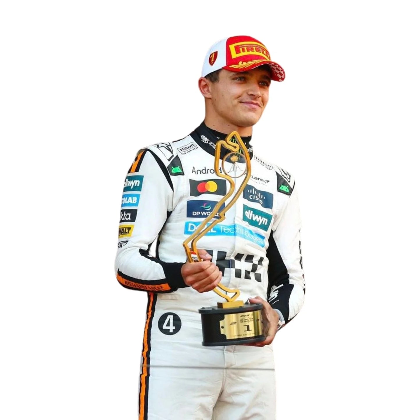 Close-up of the Monaco GP 2025 white racing suit fabric, highlighting crisp McLaren embroidery and precision stitching on the retro-style driver attire.