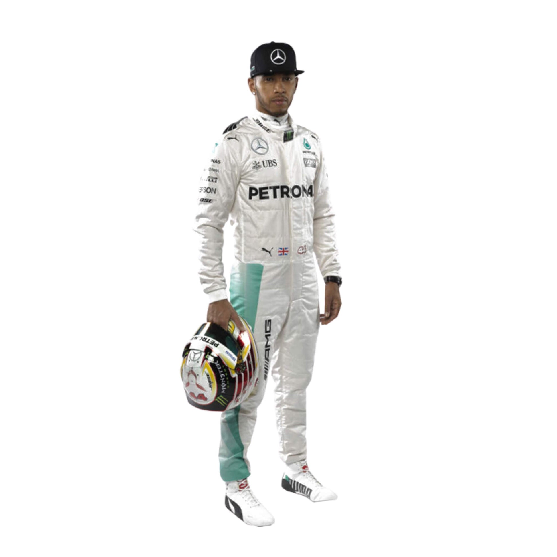 Left side view of Lewis Hamilton’s 2017 racing suit, showing sponsor logos and fine detailing on the tailored fit