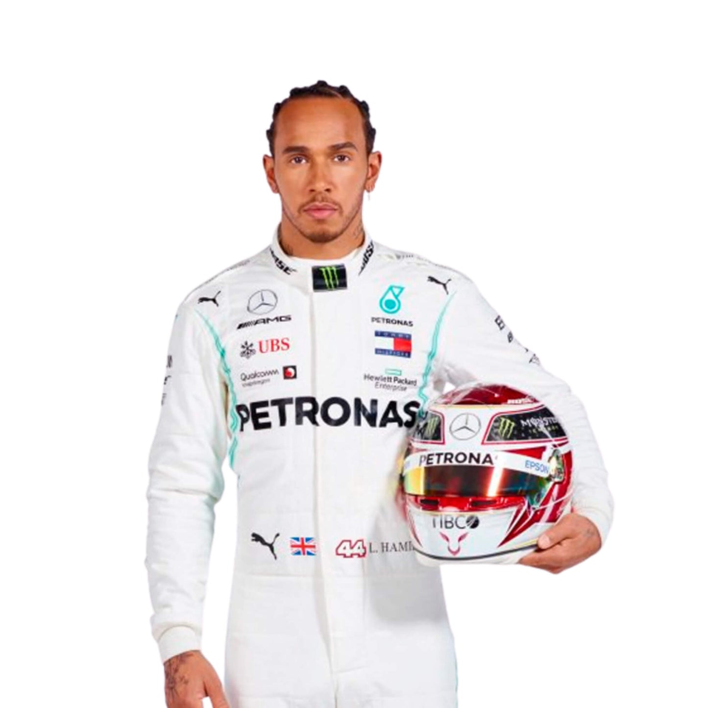 Closeup front view of Lewis Hamilton 2019 F1 suit – front view with clean, modern race-inspired details
