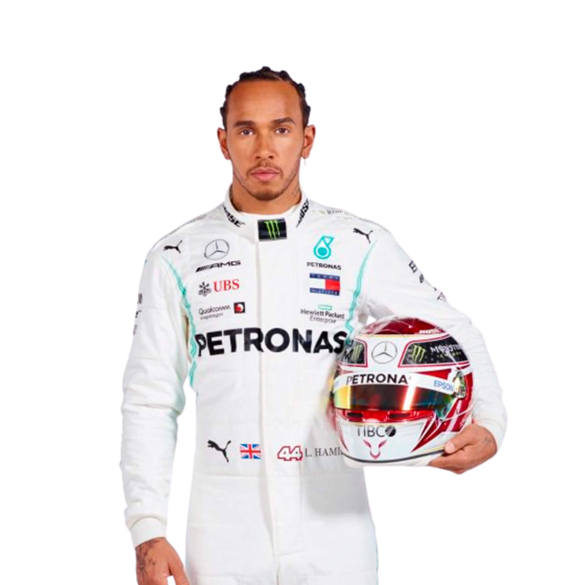 Closeup front view of Lewis Hamilton 2019 F1 suit – front view with clean, modern race-inspired details