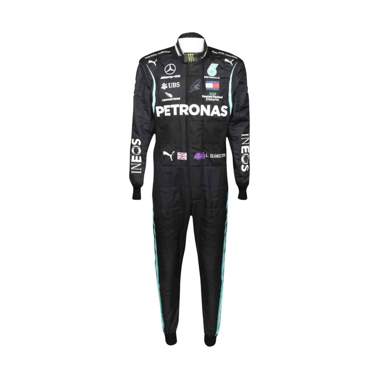 Front view of Lewis Hamilton 2020 F1 racing suit – sleek black design with silver detailing,