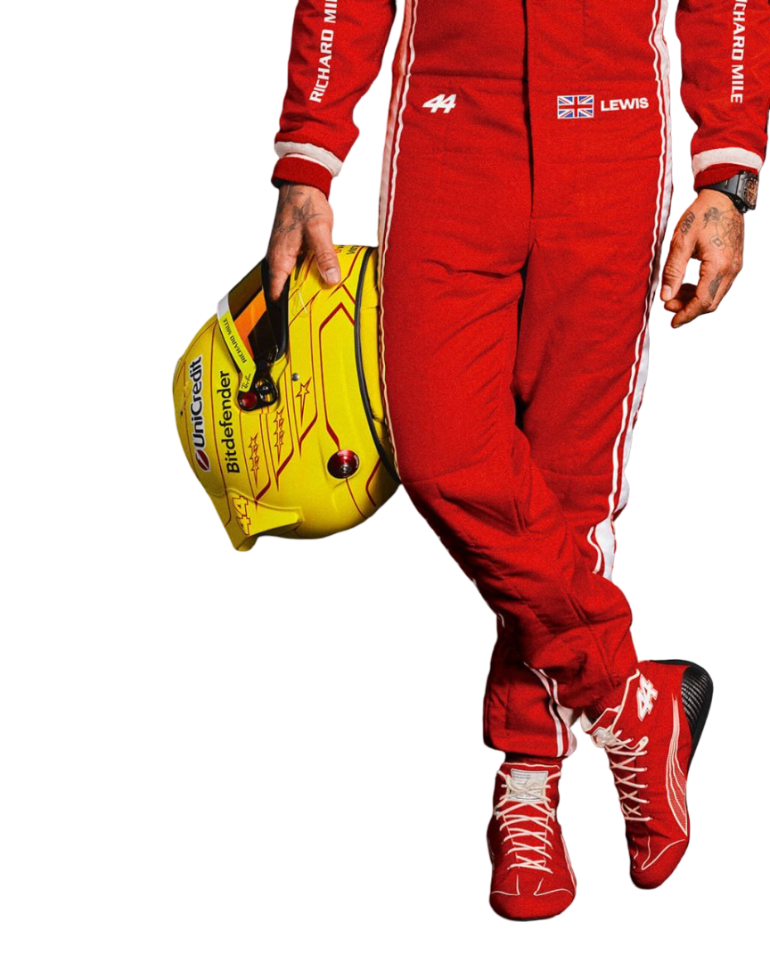 Lewis Hamilton  in a red f1 ferrari 2026 racing suit holding a yellow helmet on a white background