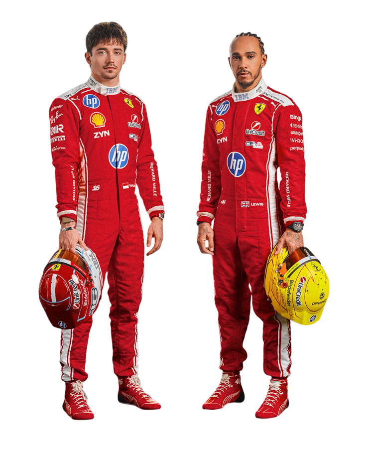 Charlec Leclerc & Lewis Hamilton Two Formula 1 drivers in red Ferrari 2026 f1 racing suits with various sponsor logos, holding helmets.
