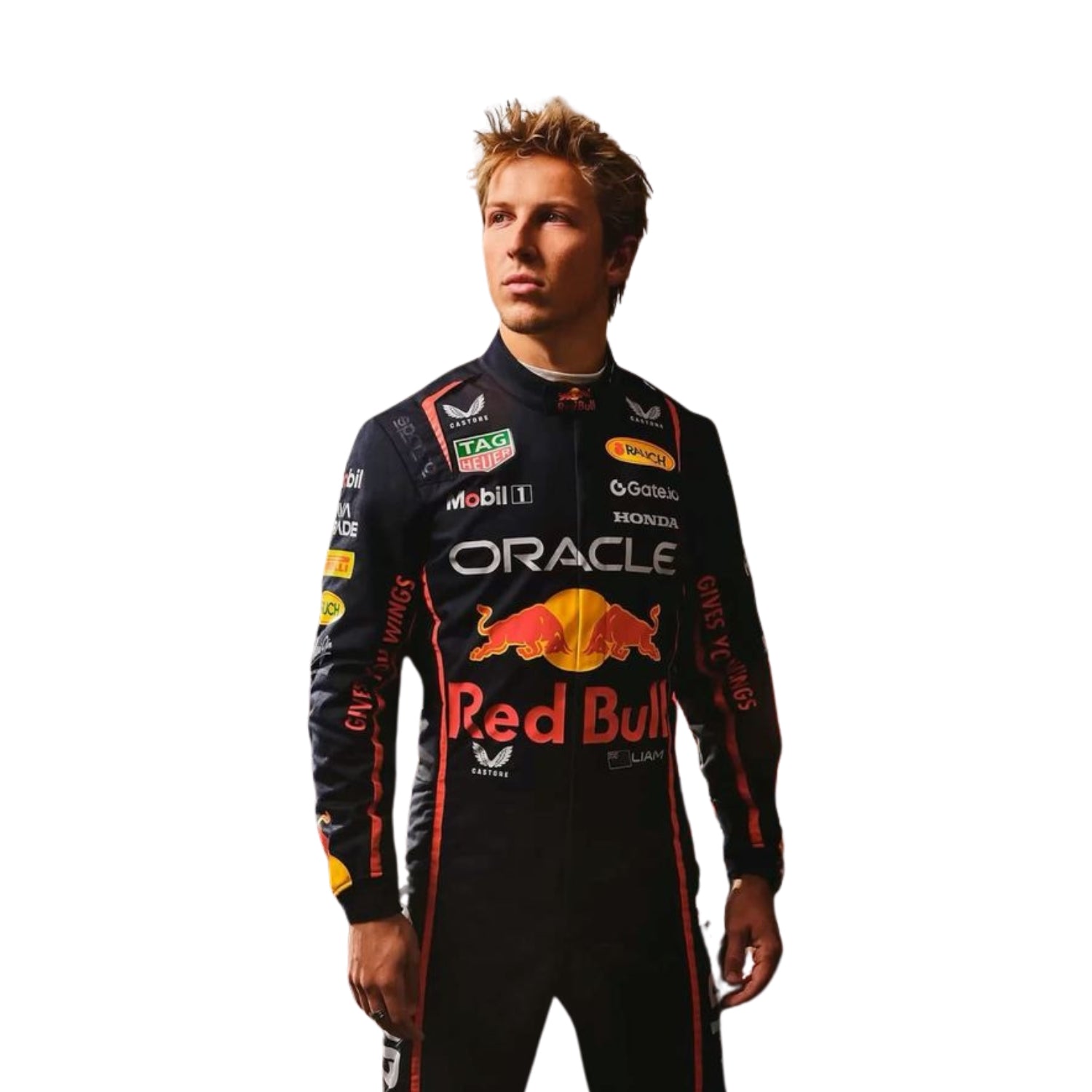 Close-up of premium fabric and stitching on the 2025 Formula 1 costume used by Lawson, highlighting logo detailing and heat-resistant material.