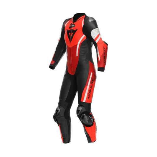 Misano 3 Perforated One-Piece Motorcycle Leather Racing Suit Black and Red Fluo SpeedX Gear