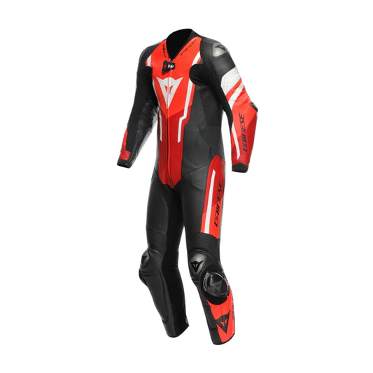 Misano 3 Perforated One-Piece Black, and Fluo-Red Motorcycle Leather Suit SpeedX Gear
