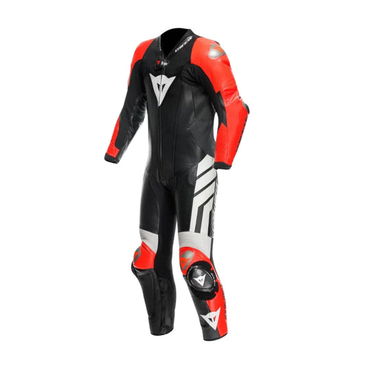 Mugello 3 Perforated One-Piece Motorcycle Leather Racing Suit Black, Fluo Red, and White SpeedX Gear
