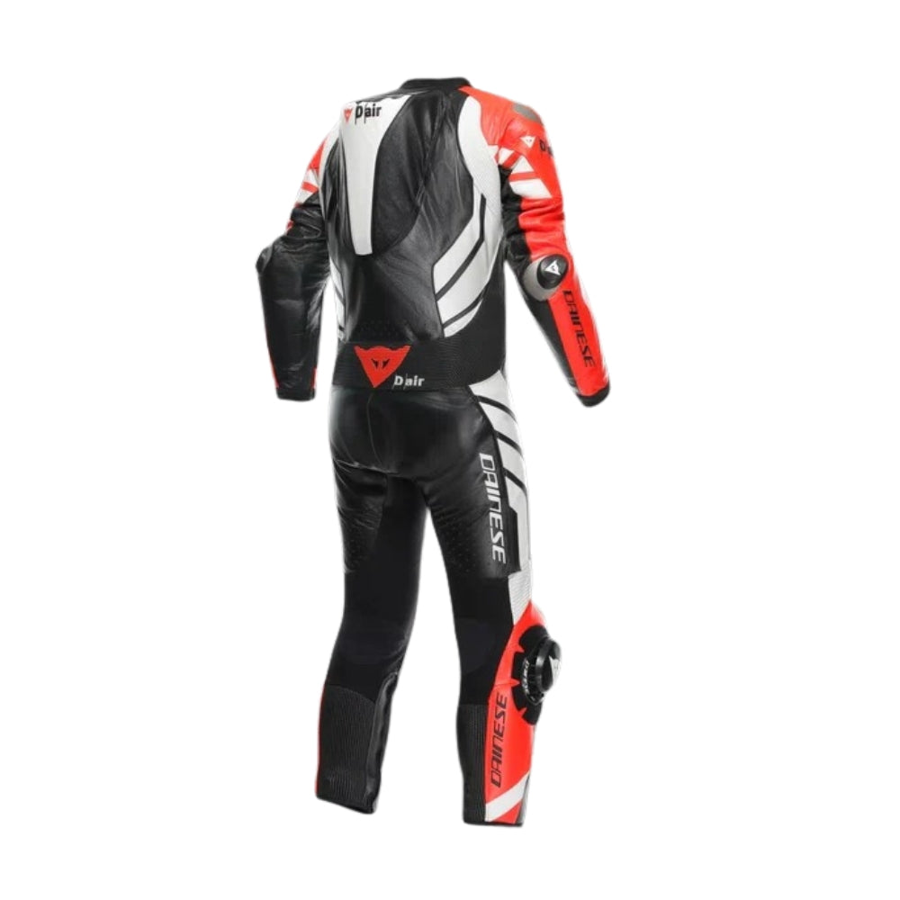 Mugello 3 Perforated One-Piece Motorcycle Leather Racing Suit Black, Fluo Red, and White SpeedX Gear