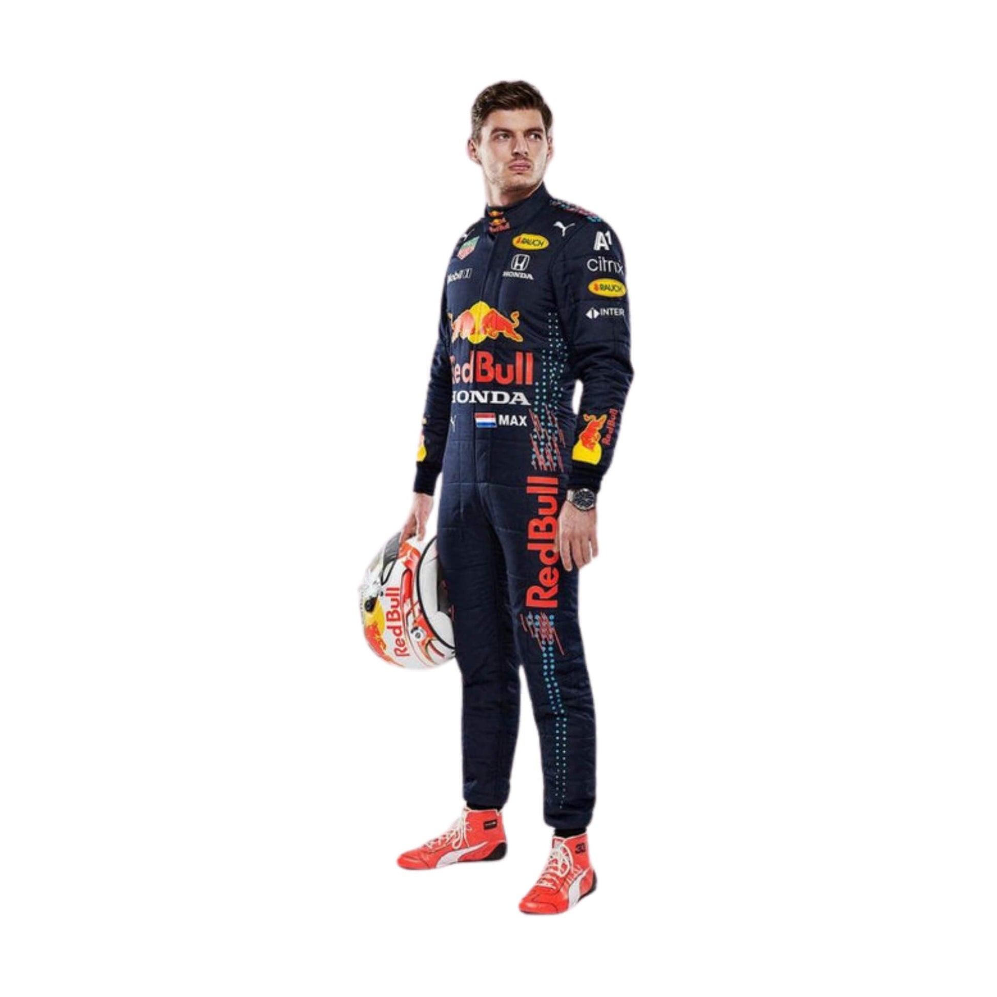 Max Verstappen 2021 Red Bull Racing F1 Suit Side View, Sponsor Logos, Stretch Panels, Orange Details