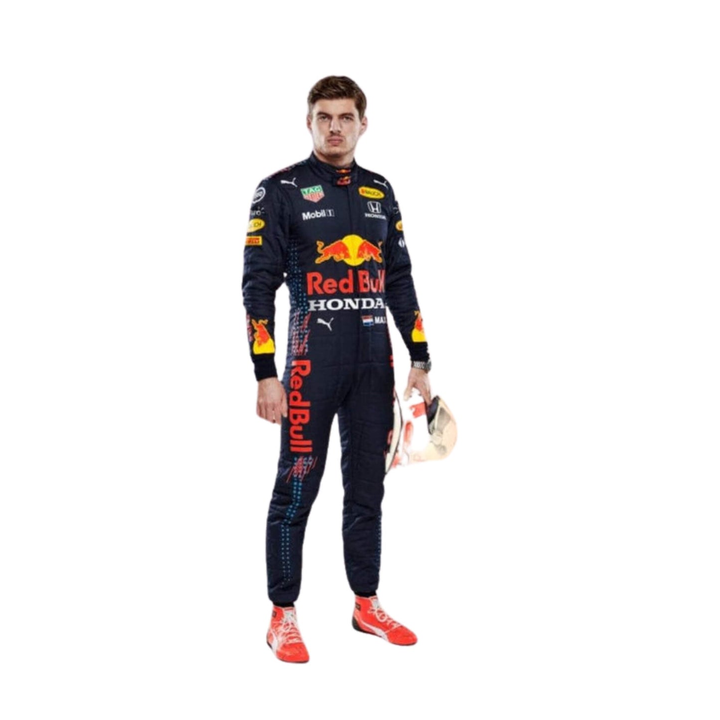 Max Verstappen 2021 Red Bull Racing F1 Suit Front View, Navy Blue Design with Red Bull and Sponsor Logos