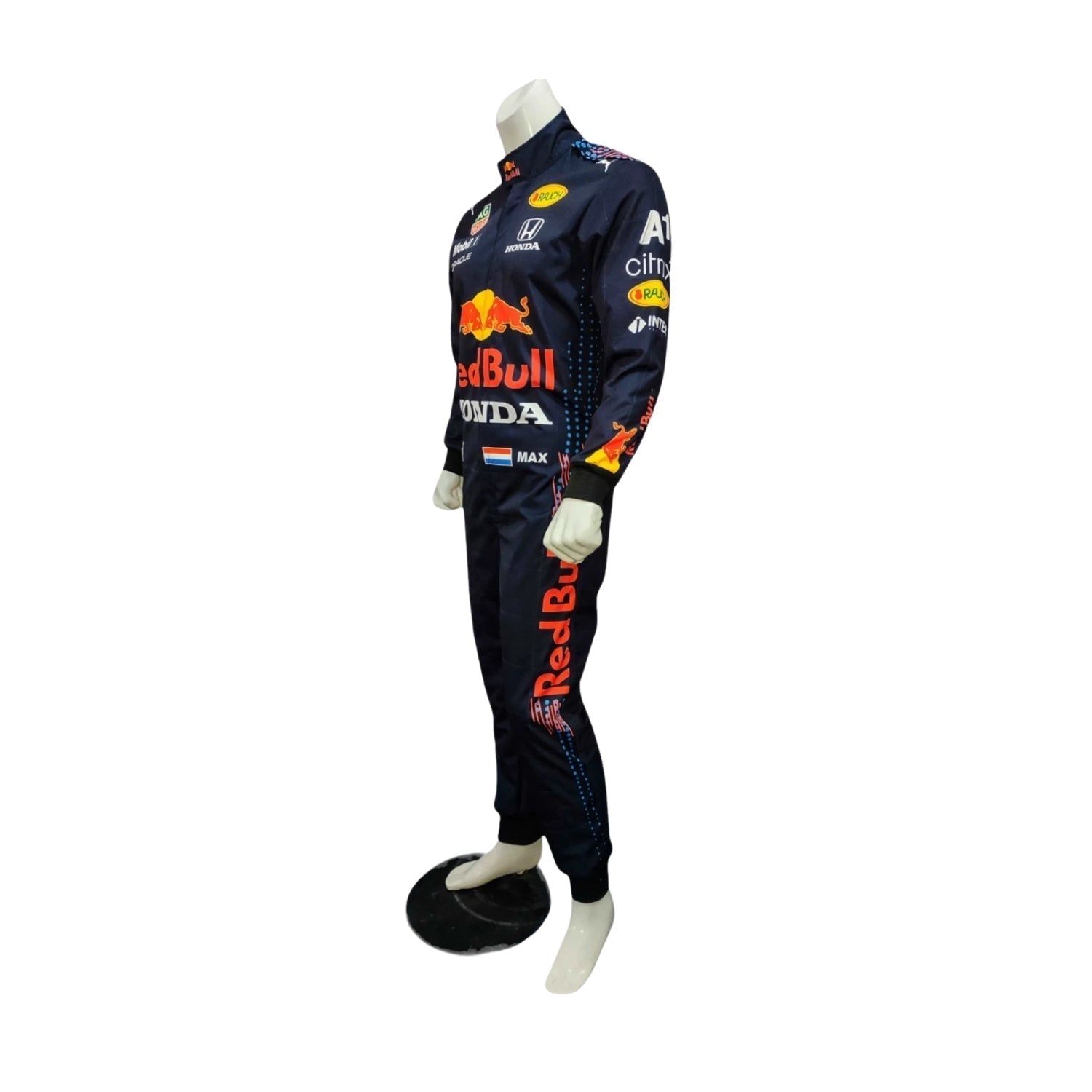 Max Verstappen 2021 Red Bull Racing F1 Suit Side View, Sponsor Logos, Stretch Panels, Orange Details