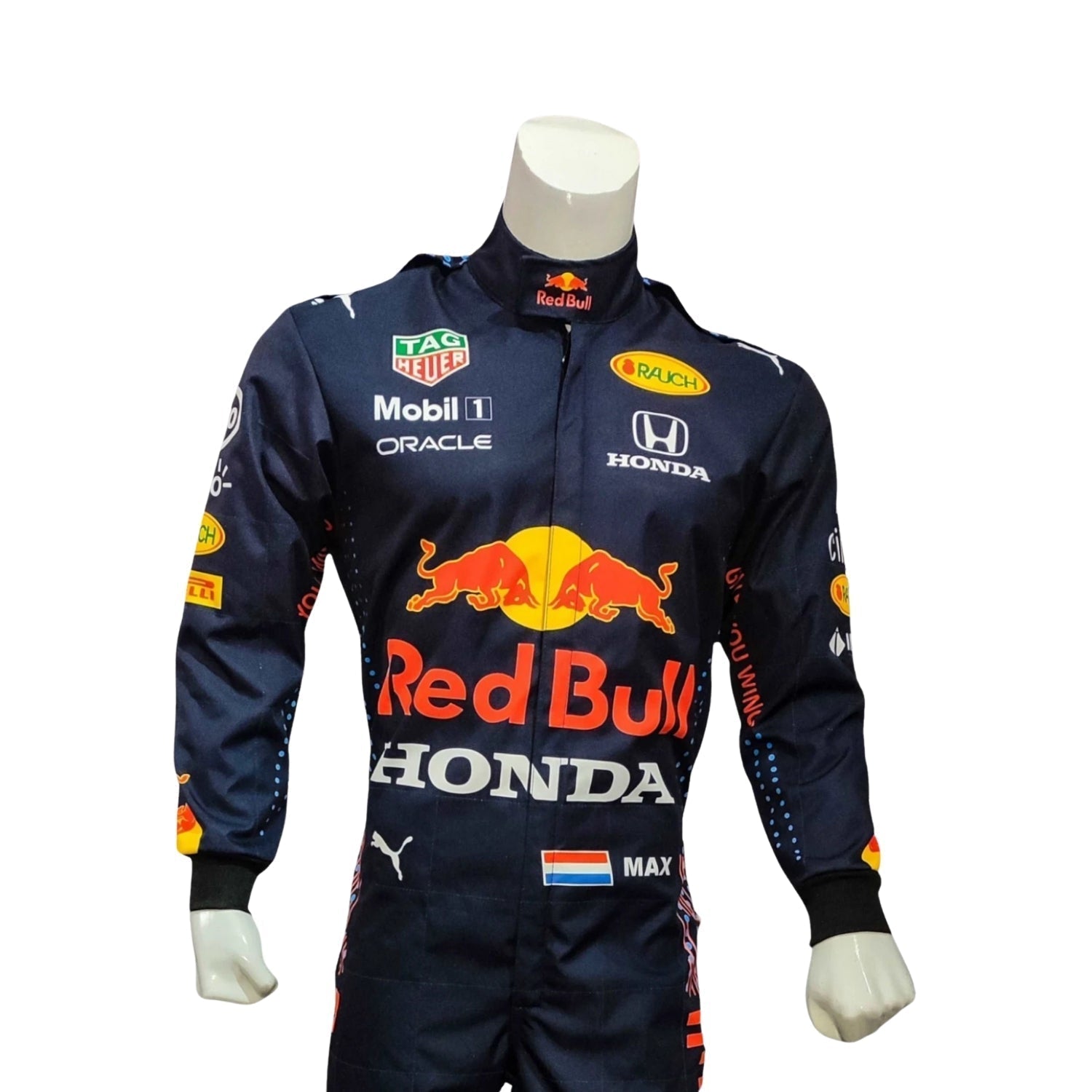 Max Verstappen 2021 Red Bull Racing F1 Suit Detail View, Embroidered Chest Logos and Red Bull Branding