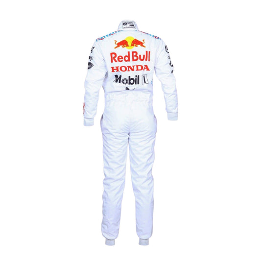 Rear view showing the precise tailoring and the detailed sponsor logos on Max Verstappen’s 2021 Turkish GP F1 racing suit.