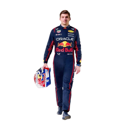 Front view of Max Verstappen 2025 F1 racing suit in blue, red, and yellow with ergonomic fit and fire-resistant, breathable fabric.

