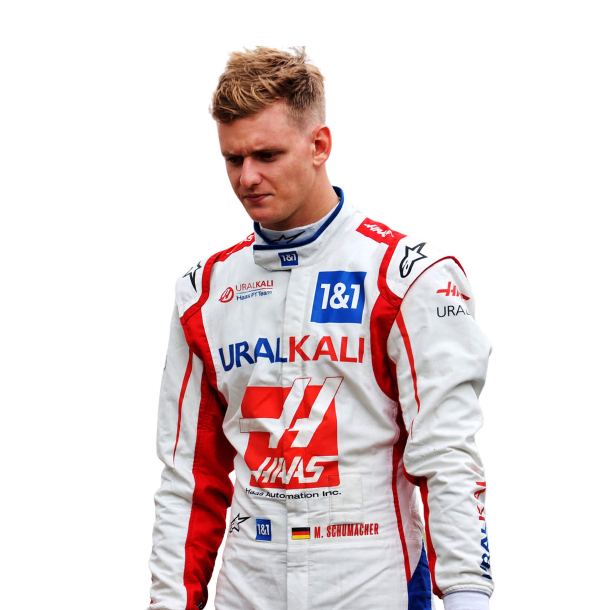 Colse up view of Mick Schumacher 2021 F1 Team racing suit – high-quality front view with rich detailing.