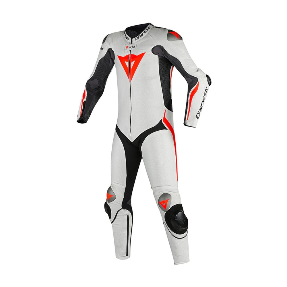 Mugello R One-Piece Motorcycle Leather Racing Suit White and Red Fluo SpeedX Gear