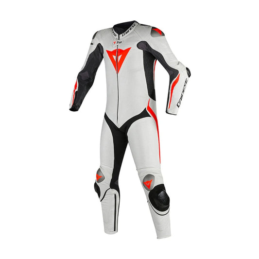 Mugello R One-Piece Motorcycle Leather Racing Suit White and Red Fluo SpeedX Gear