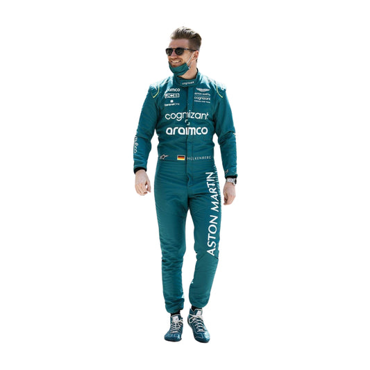 Front view of Nico Hülkenberg's 2022 Saudi Arabian GP F1 racing suit in British racing green with lime accents, highlighting the ergonomic design
