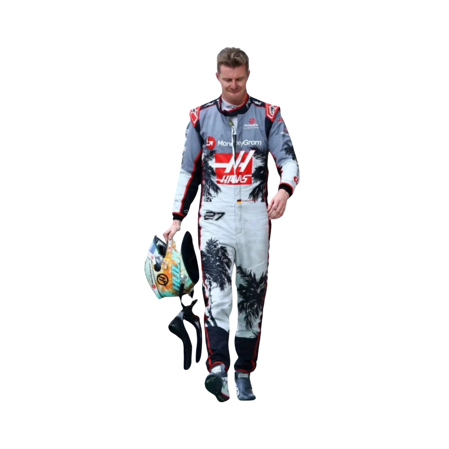 Nico Hülkenberg captured mid-action wearing his 2023 Miami Grand Prix racing suit and holding helmet, the vibrant pastel colors and tropical patterns accentuating the dynamic movement and modern design of the suit