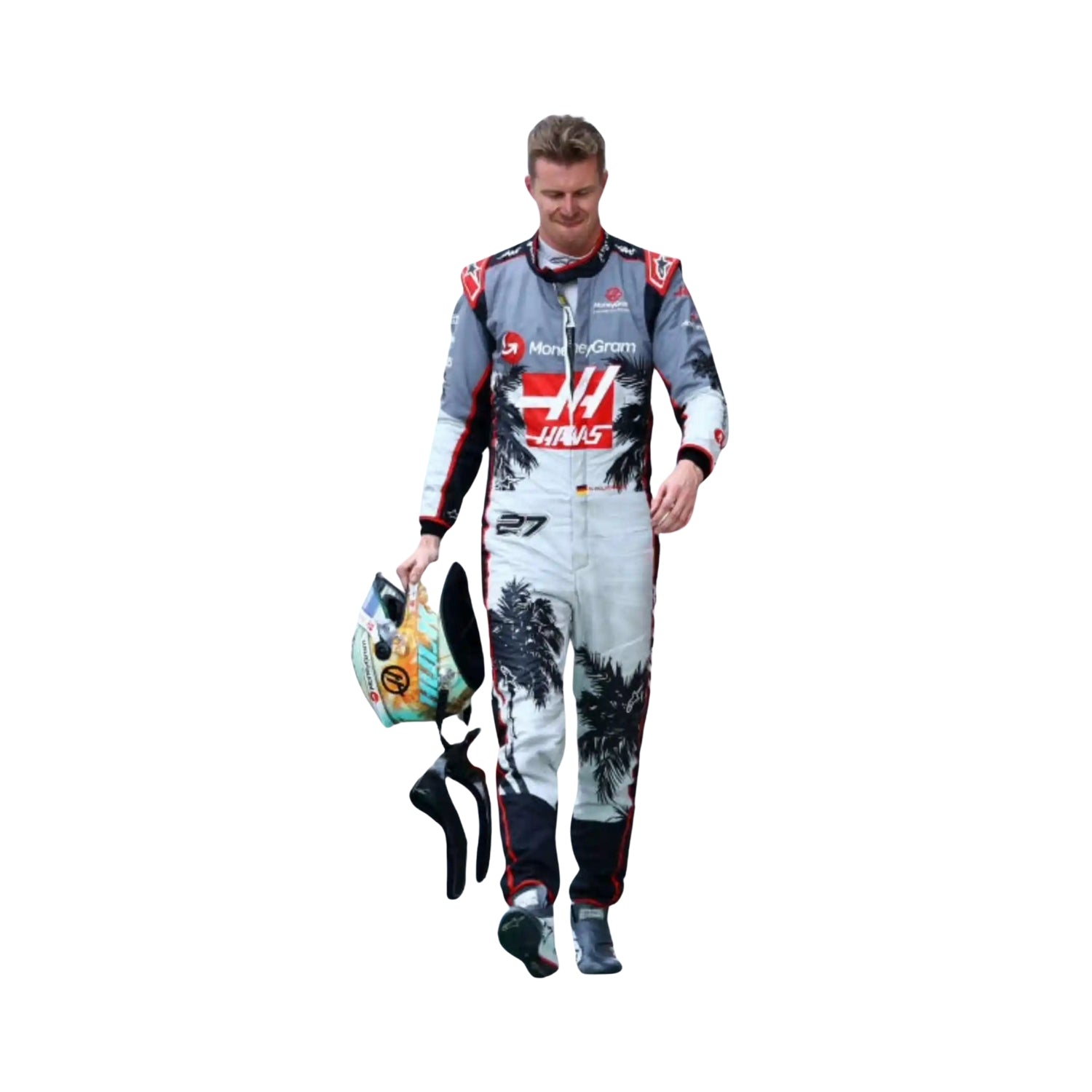 Nico Hülkenberg captured mid-action wearing his 2023 Miami Grand Prix racing suit and holding helmet, the vibrant pastel colors and tropical patterns accentuating the dynamic movement and modern design of the suit
