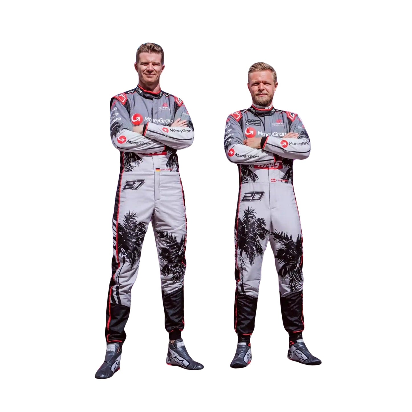 Nico Hülkenberg and Kevin Magnussen captured mid-action wearing his 2023 Miami Grand Prix racing suit, the vibrant pastel colors and tropical patterns accentuating the dynamic movement and modern design of the suit.