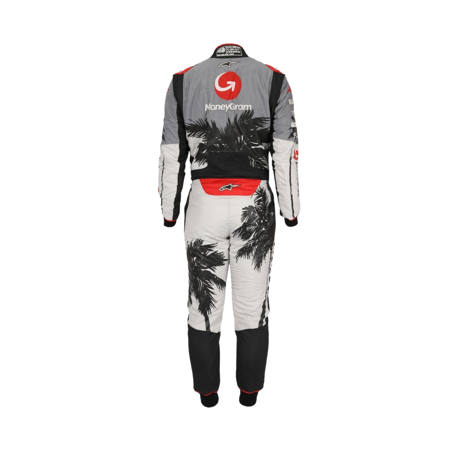 Rear view of Nico Hülkenberg's 2023 Miami Grand Prix racing suit, highlighting the continuation of the pastel color scheme and tropical patterns, emphasizing the suit's sleek design.