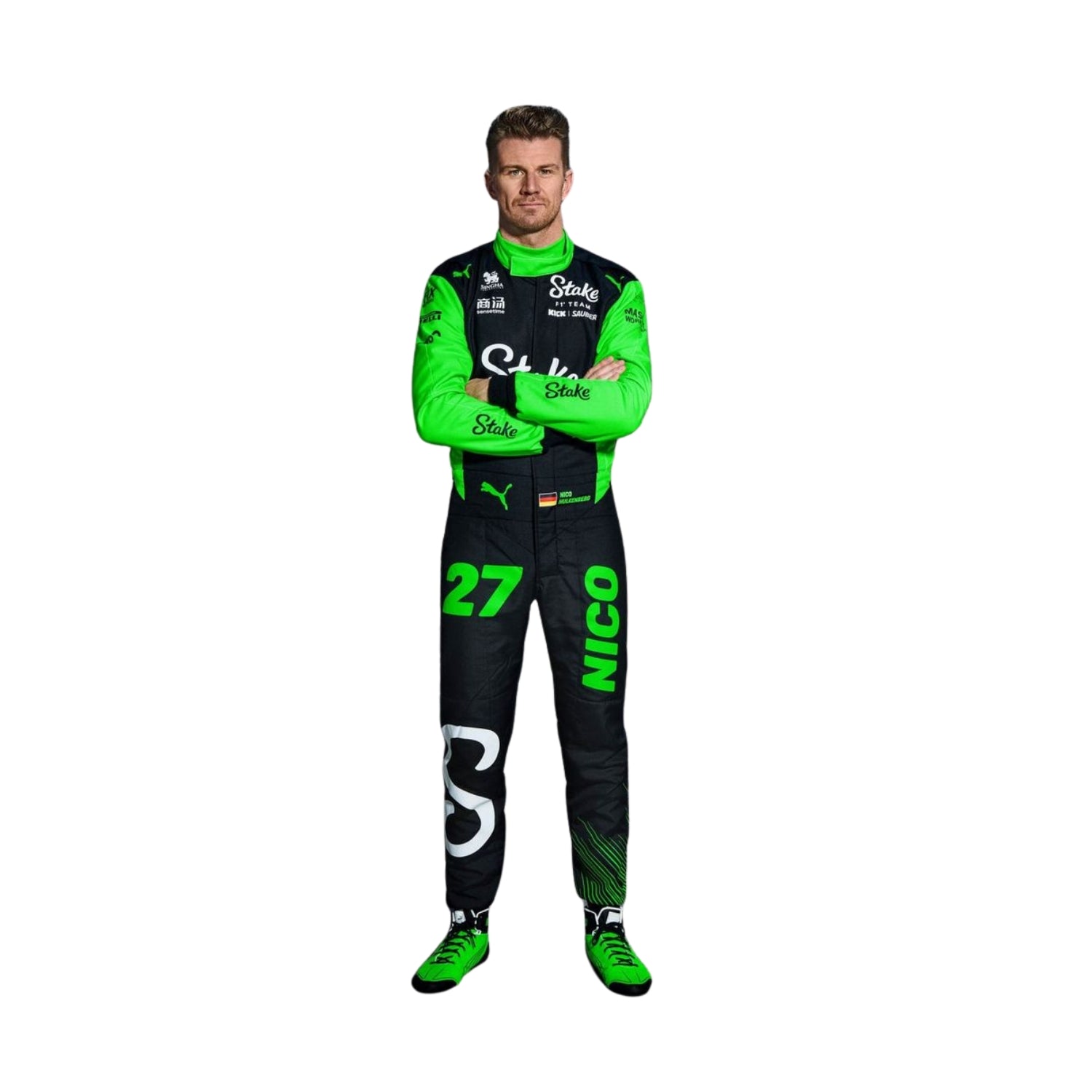 Nico Hülkenberg in his 2025 racing suit, displaying the front with team colors.

