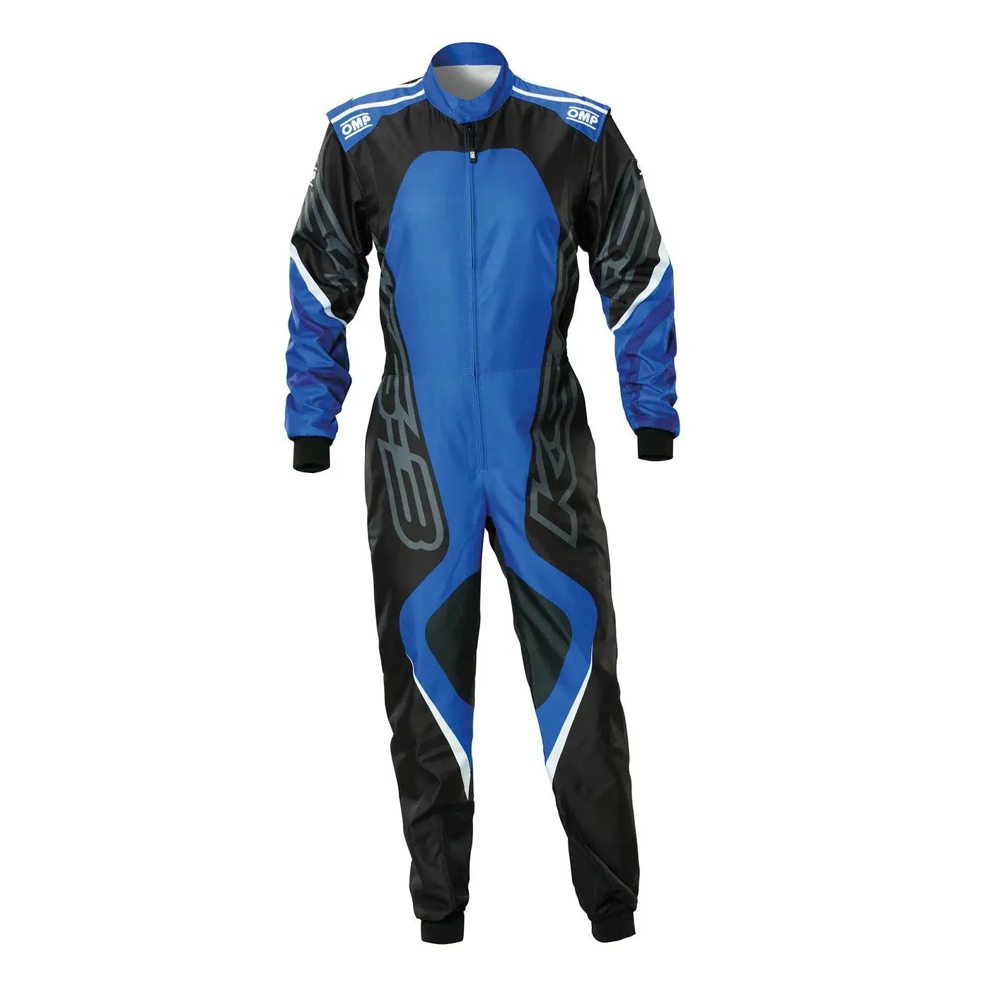 Front view of OMP KS-3X ART Blue Style 1 Youth kart racing suit showcasing vibrant design and ergonomic fit.

