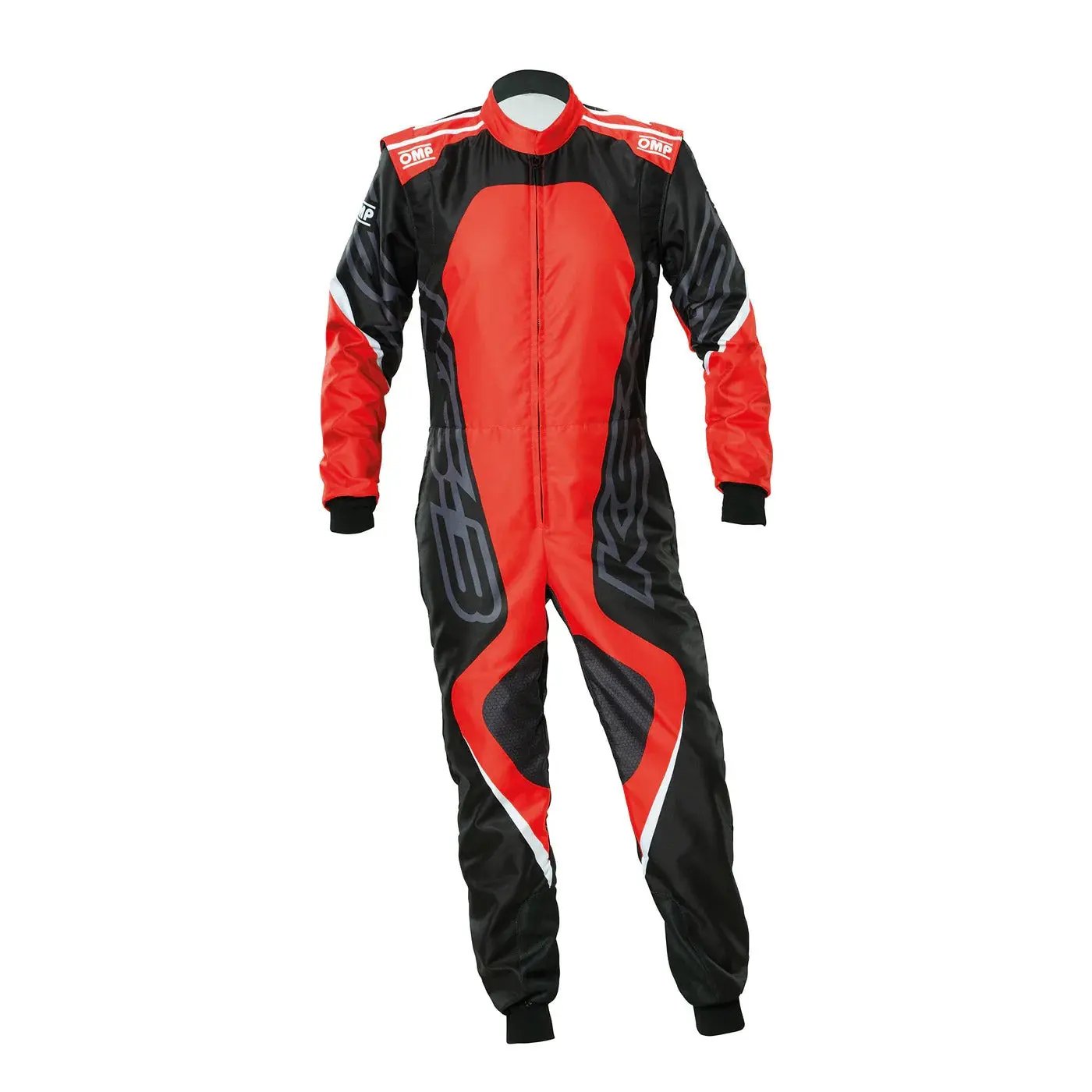 Front view of OMP KS-3X ART red Style 1 Youth kart racing suit showcasing vibrant design and ergonomic fit.
