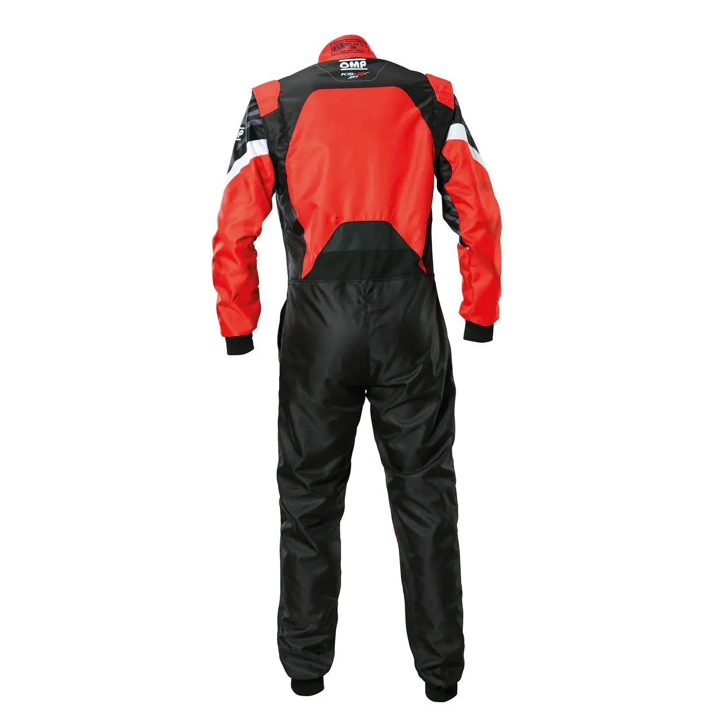 Back view of OMP KS-3X ART Red Style 1 Youth kart suit highlighting breathable panels and modern style.

