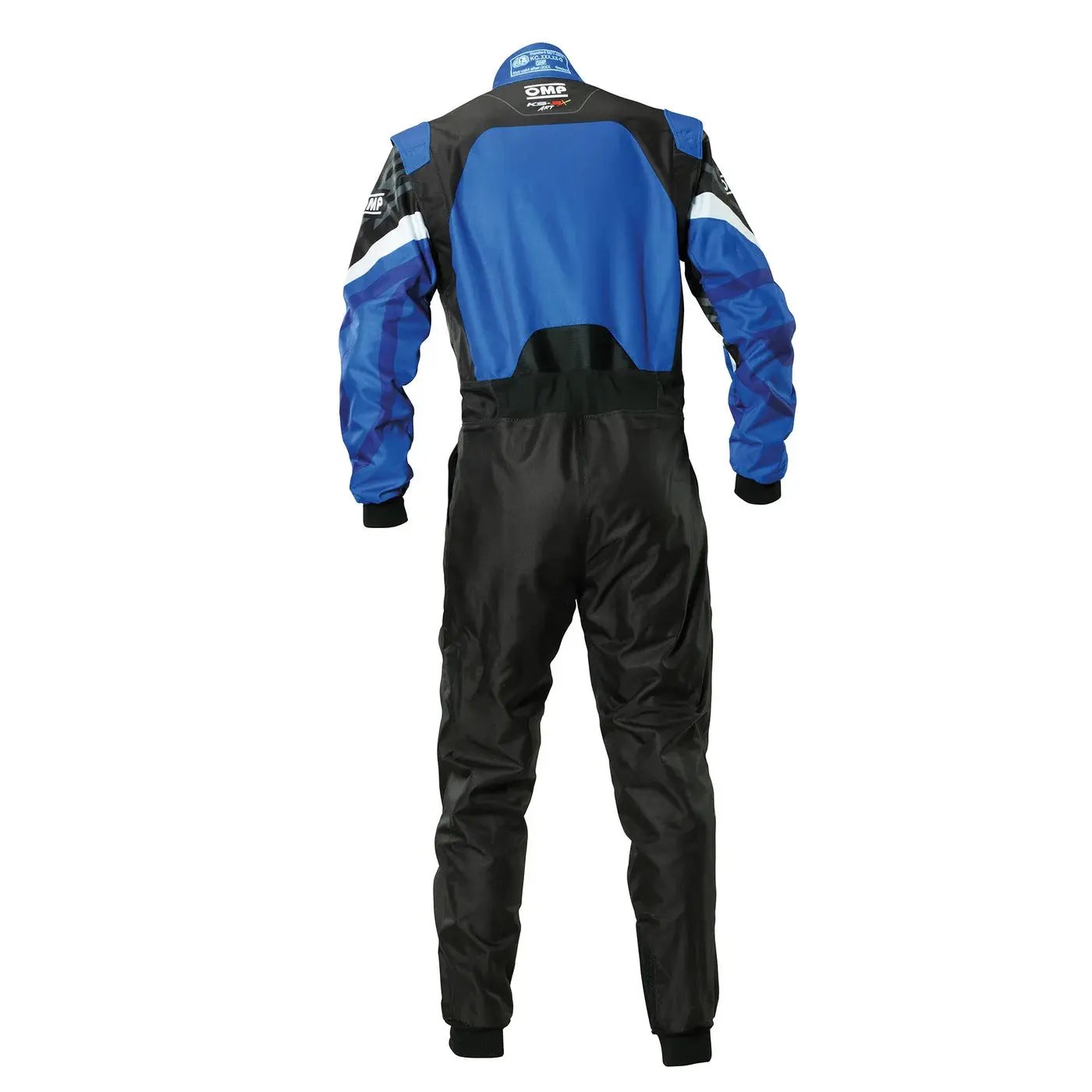 Back view of OMP KS-3X ART blue Style 1 Youth kart suit highlighting breathable panels and modern style.

