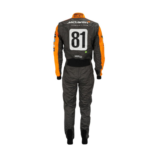 Rear view of Piastri's 2023 F1 racing suit from the Spanish Grand Prix, showcasing his name and race number with commemorative crown graphics.