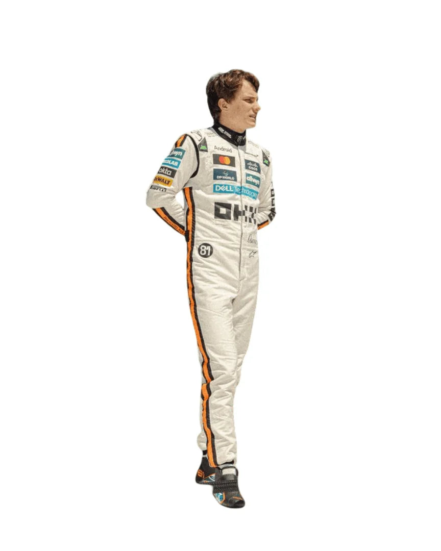 Front sitting view of the 2025 Monaco GP white race suit worn by Oscar Piastri featuring classic black number in circle on a retro-inspired all-white base.