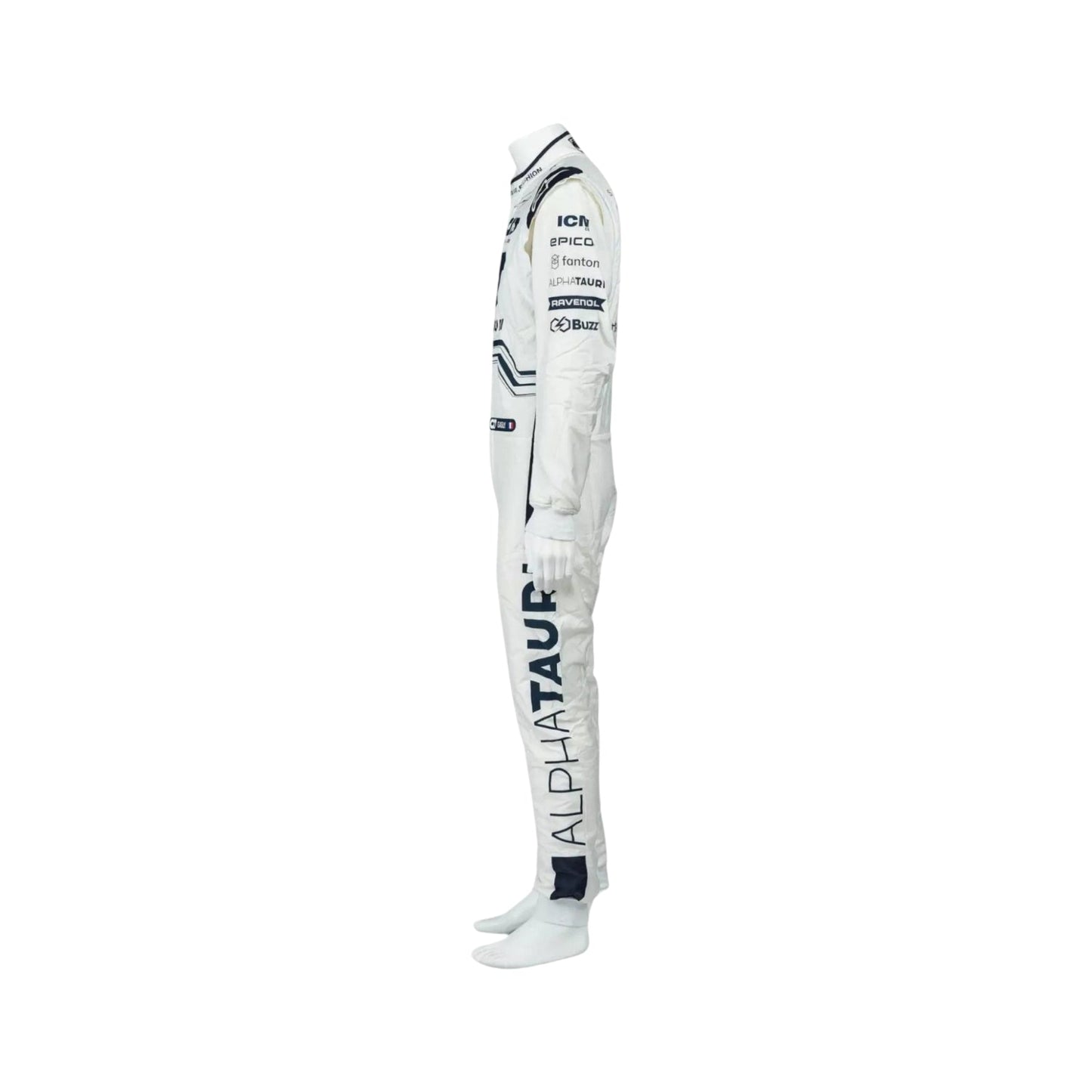 Pierre Gasly 2022 F1 costume side view, emphasizing the sleek tailoring and brand logos.