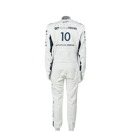 Pierre Gasly 2022 F1 Racing Suit, detailed front and rear view showcasing sponsor logos, premium fabric, and aerodynamic fit designed for high-performance racing.

