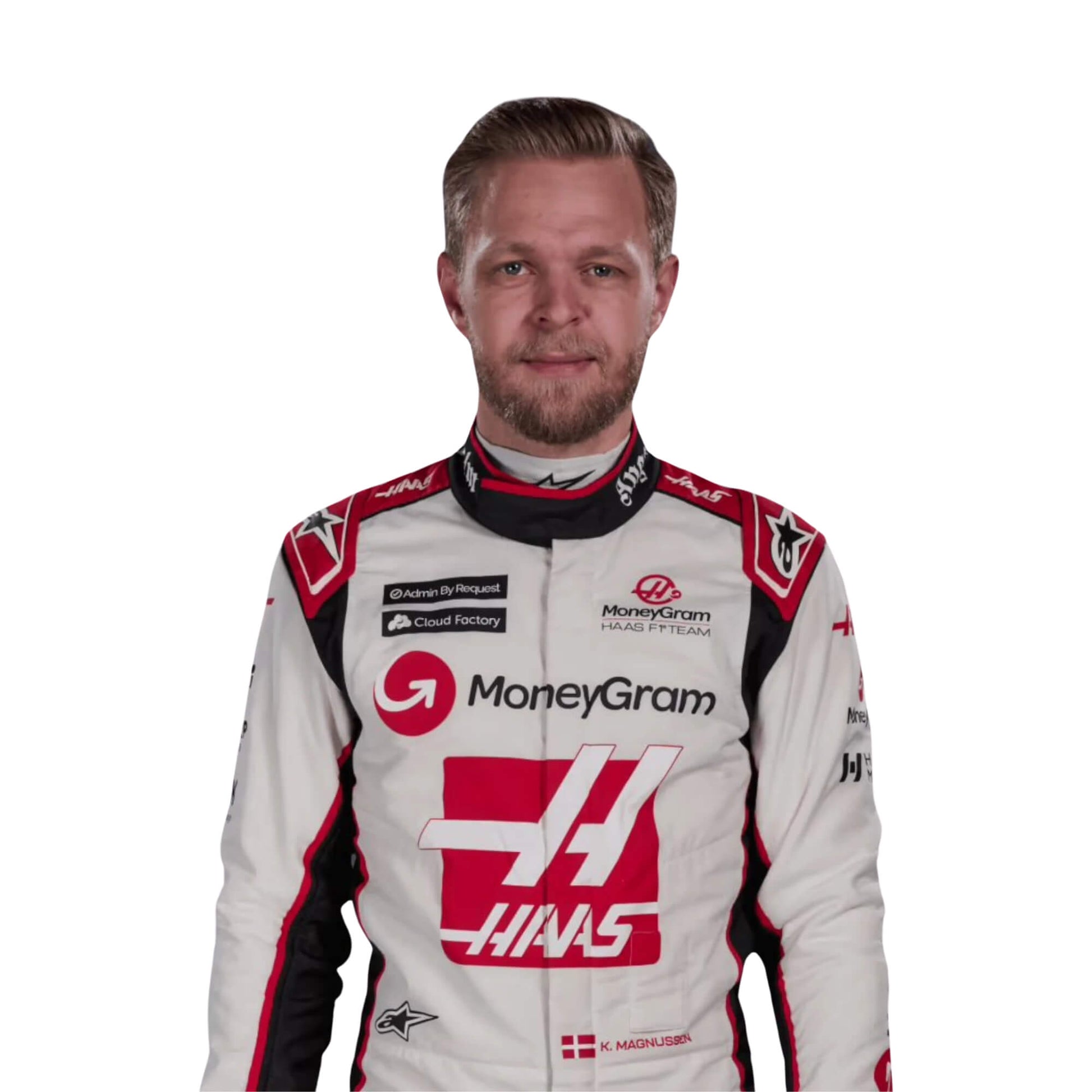 Close-up of the chest area on Kevin Magnussen’s 2017 signed F1 racing suit, featuring sponsor logos and premium, breathable fabric.