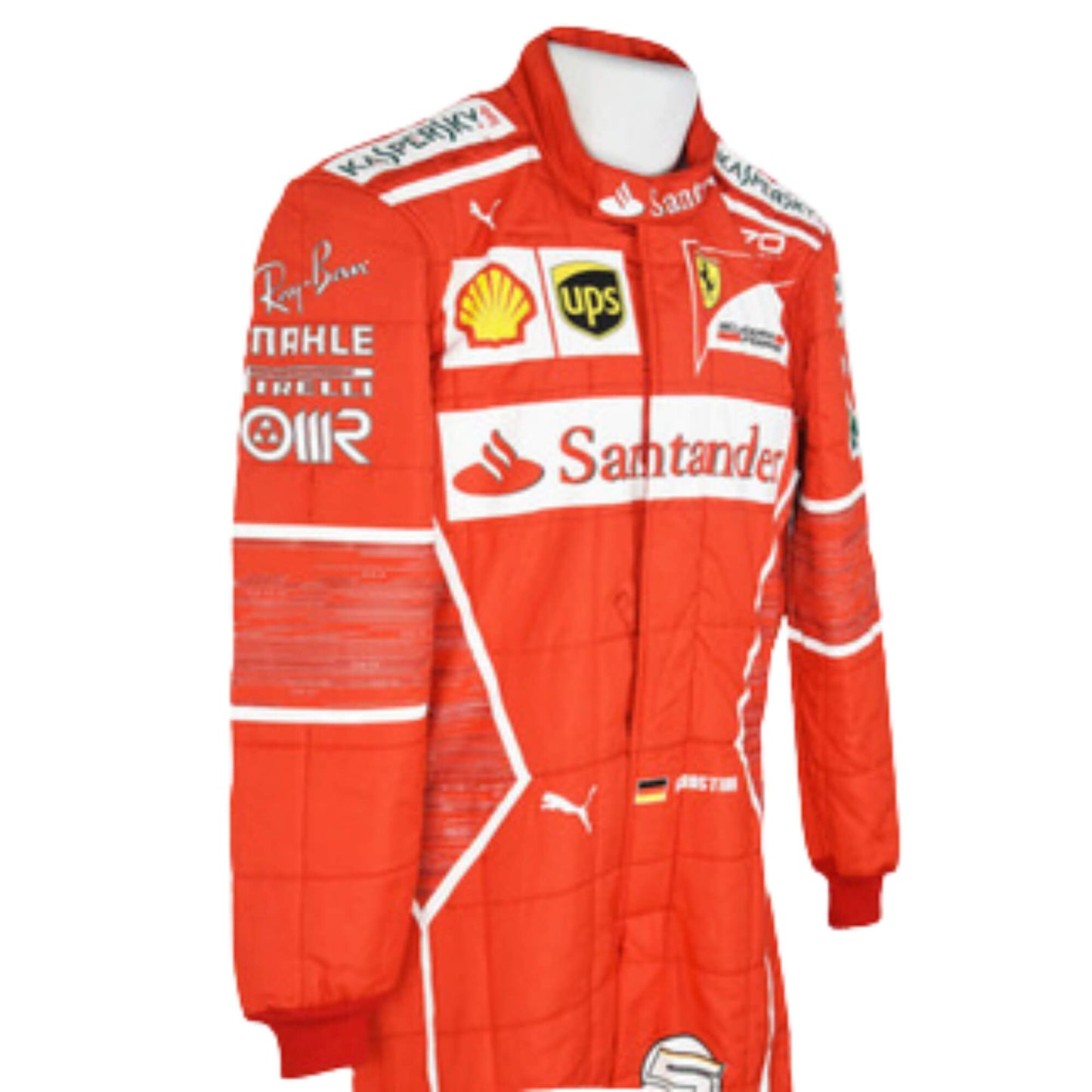Close-up of the sleeve on Sebastian Vettel’s 2017 F1 racing suit, with embroidered sponsor patches and reinforced design for high-speed racing.