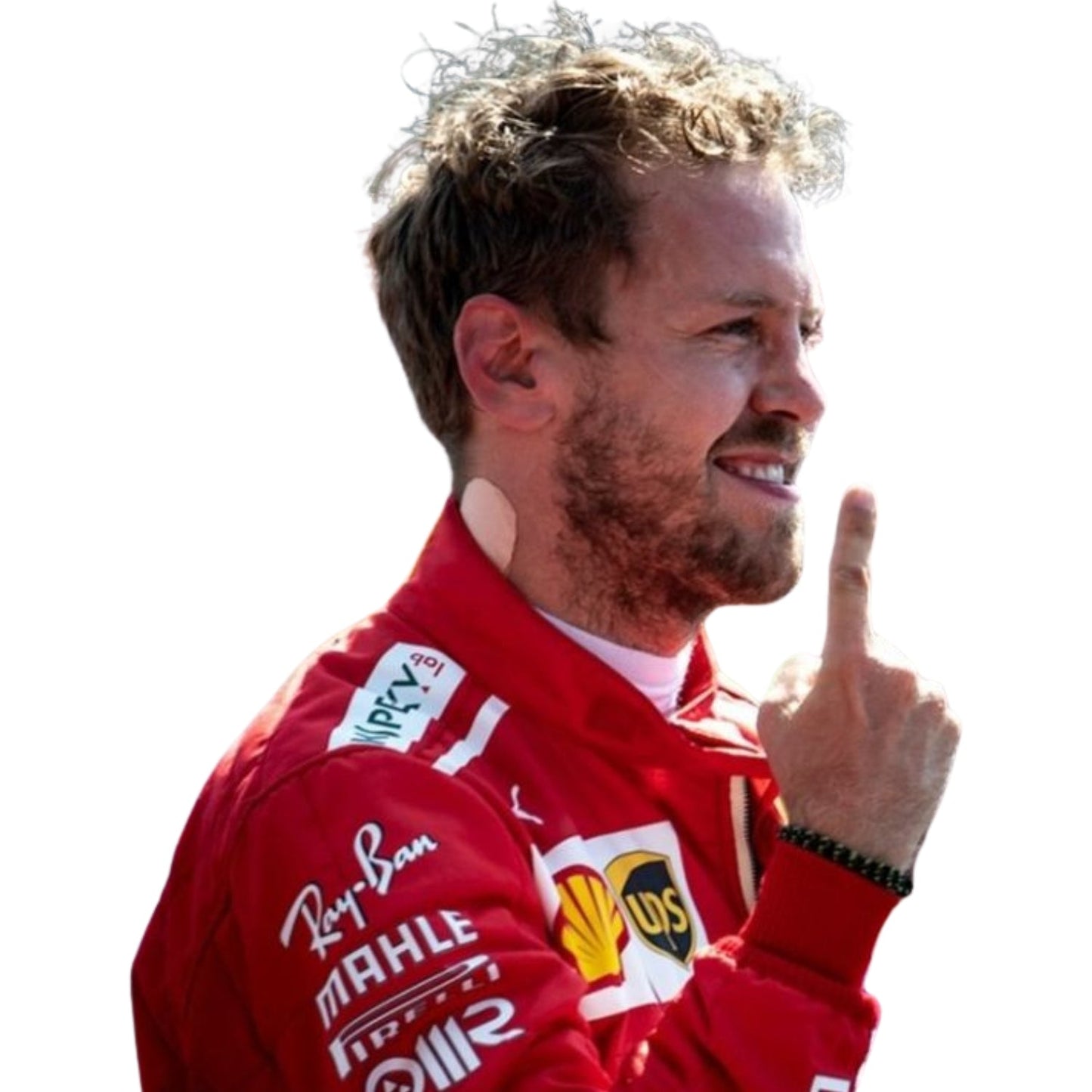 Close-up of Sebastian Vettel’s 2017 racing suit, highlighting the premium red material, detailed stitching, and crisp white sponsorship marks.