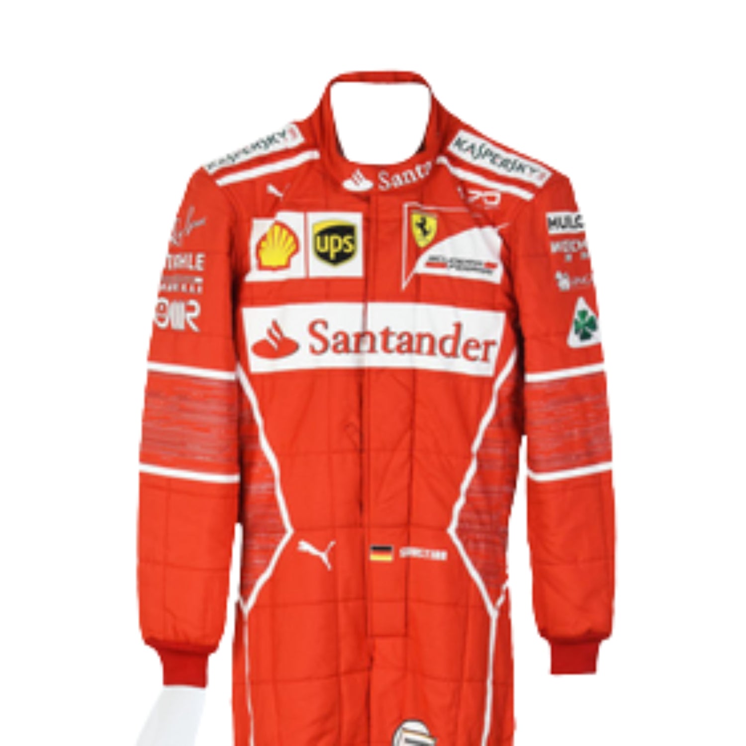 Close-up of Sebastian Vettel’s 2017 racing suit, highlighting the premium red material, detailed stitching, and crisp white sponsorship marks.