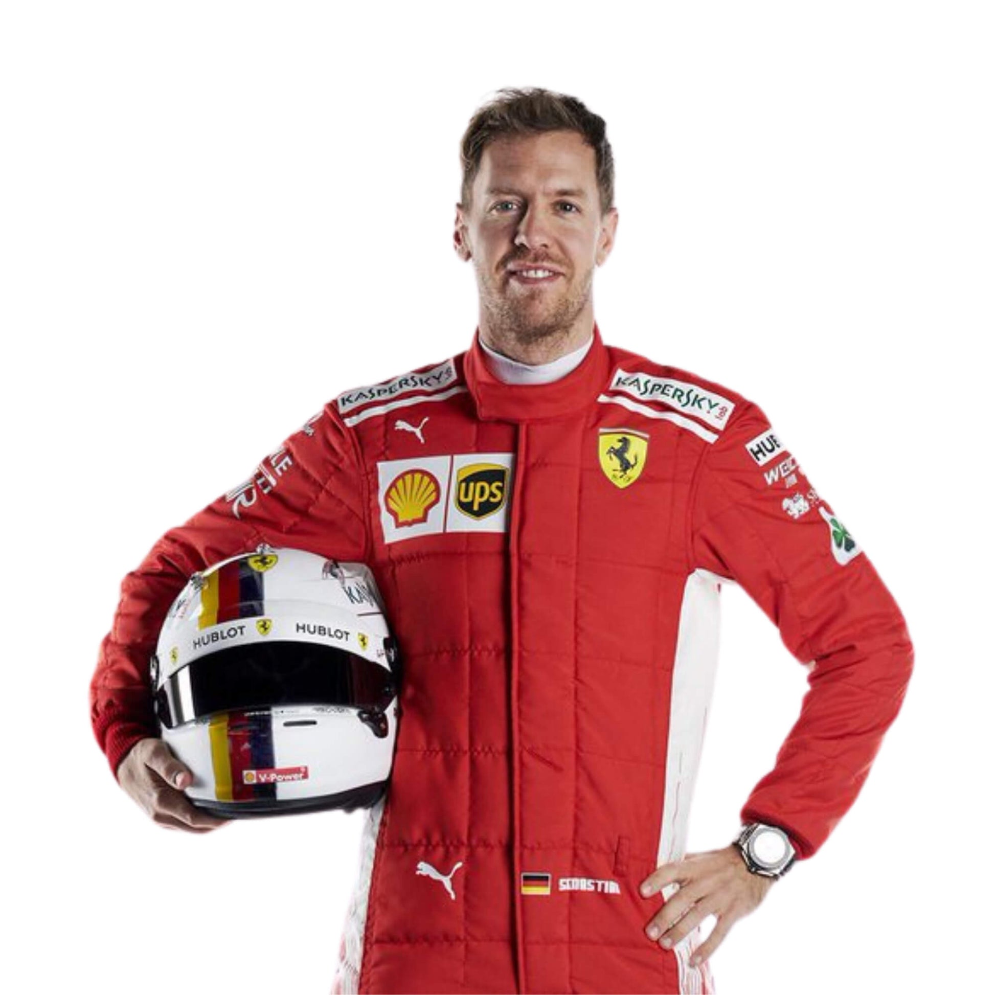 Close-up of Sebastian Vettel’s 2018 F1 racing suit – featuring fine stitching and authentic racing elements, loved by Formula 1 fans