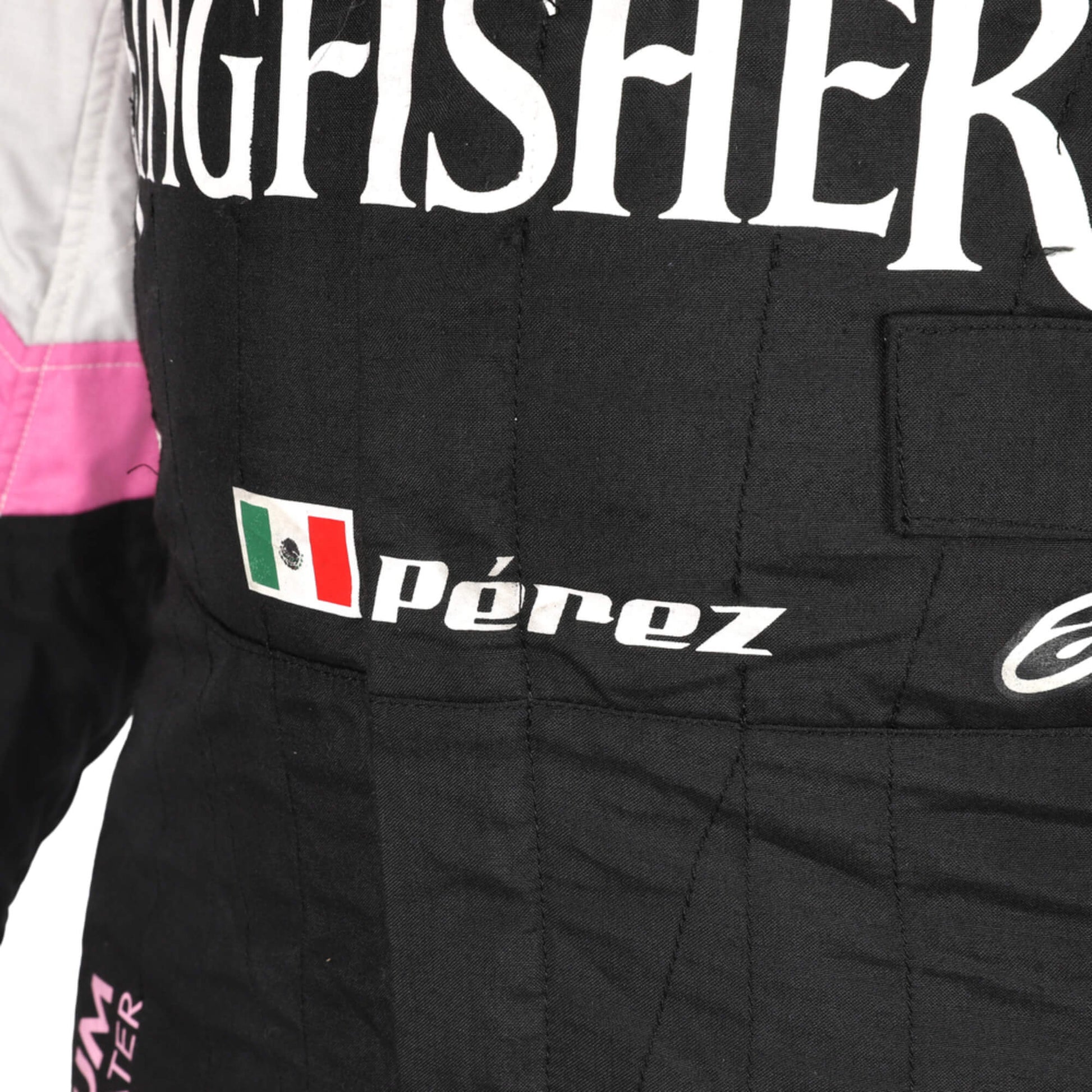 Detailed Sleeve View of Sergio Perez 2017 Force India F1 Suit with Sponsor Patches and Stitching