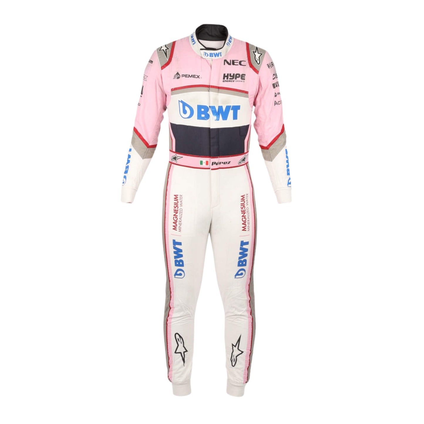 Sergio Perez’s 2018 F1 racing suit, front view, showcasing sponsor logos, high-performance design, and a custom fit for track performance.