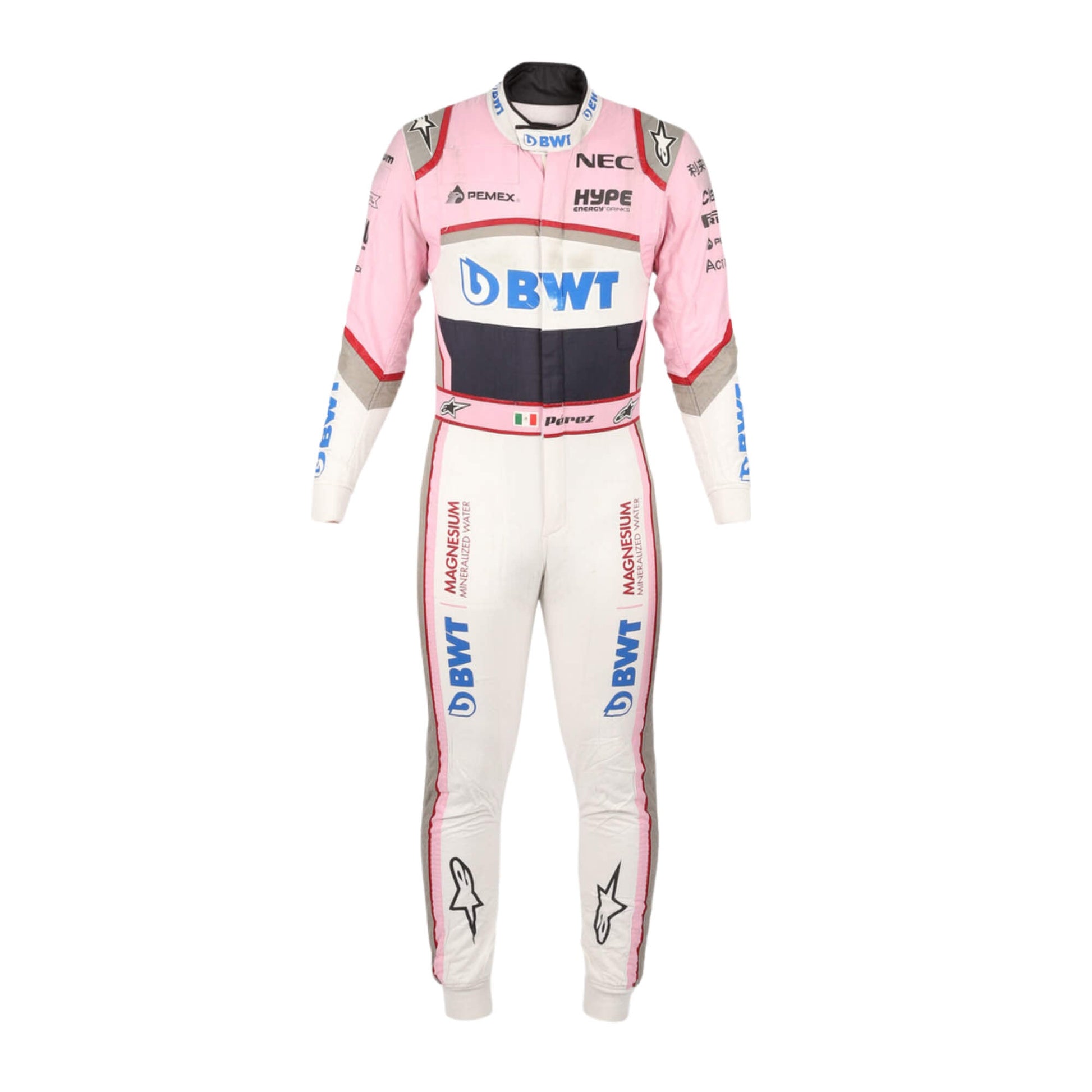 Sergio Perez’s 2018 F1 racing suit, front view, showcasing sponsor logos, high-performance design, and a custom fit for track performance.