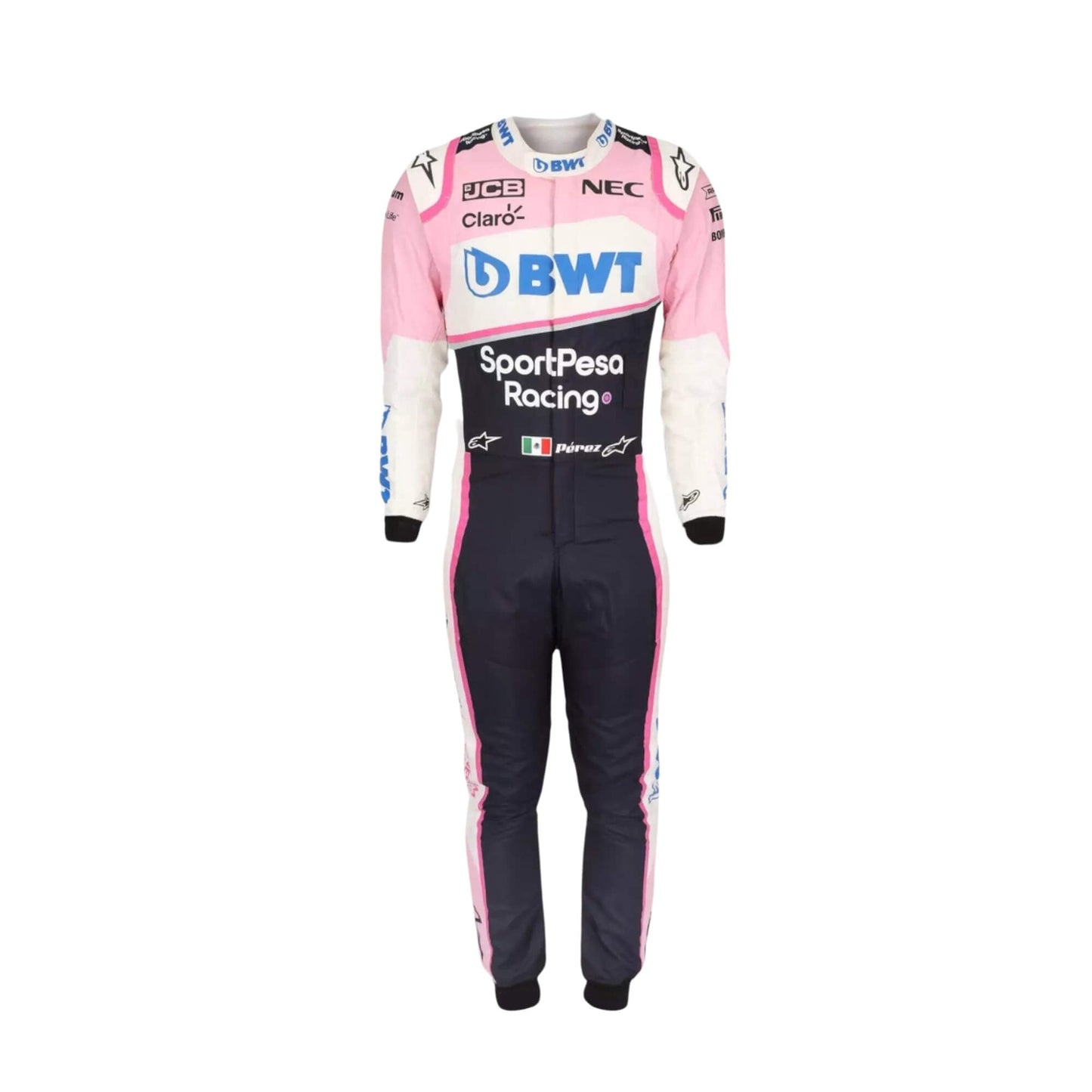 Sergio Perez 2019 F1 suit – front view showcasing a bold and dynamic race-ready design