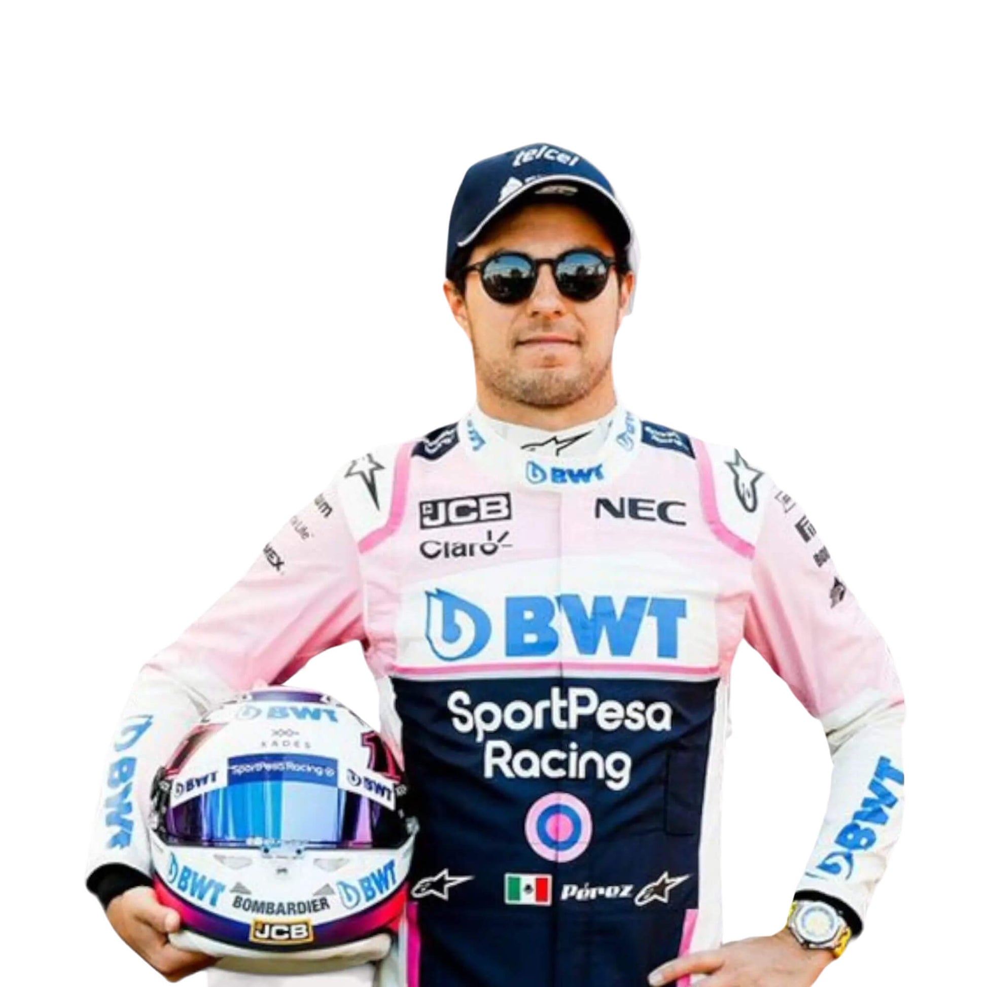 Sergio Perez 2019 F1 suit – front close up view showcasing a bold and dynamic race-ready design